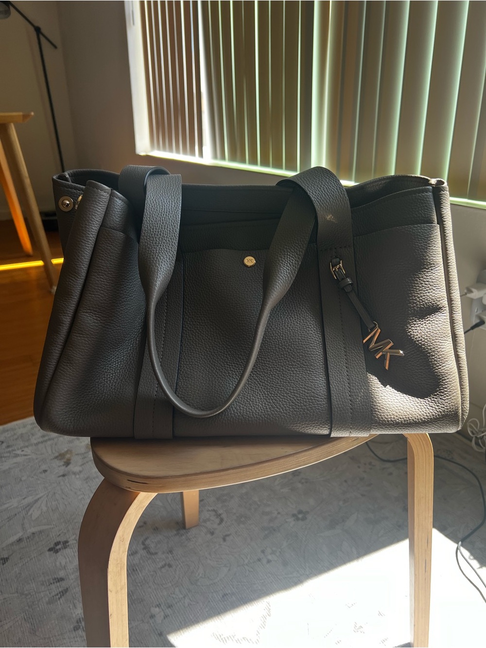 Michael Kors Romee taupe Textured Leather Tote with Gold MK Charm